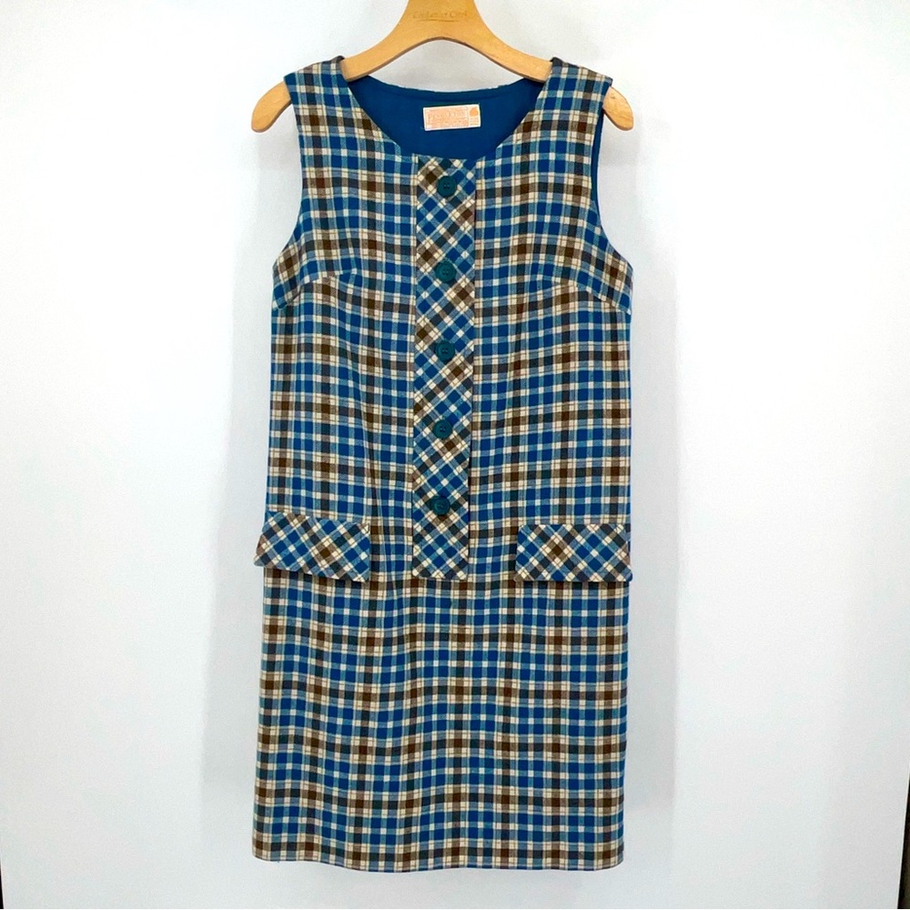 Pendleton Vintage 60’s Virgin Wool Blue&Brown Plaid Dress Size 12 I10
